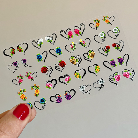 40 Adesivos de Unha 3D Corações com Flores