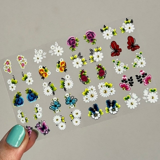 40 Adesivos de Unha 3D Flores Variadas e Branquinhas