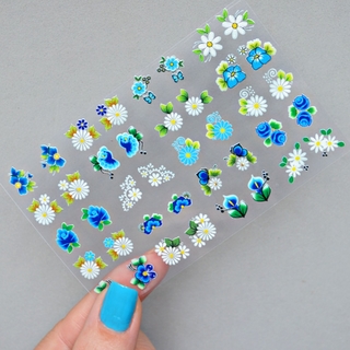 40 Adesivos de Unha 3D Flores Azuis e Brancas