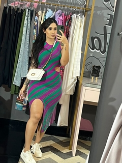 Vestido Midi com Fenda e Detalhe Lateral Tricot Premium- Roxo com Verde na internet