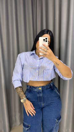 Cropped Camisa Zaha Tricoline - Listrado Azul