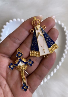 Peças De Entremeio Crucifixo Pingente Dourado e Prata Nossa Senhora Aparecida