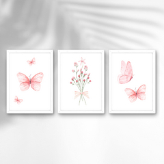 TRIO DE QUADROS BORBOLETAS E FLORES INFANTIL