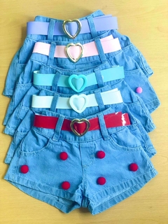 KIDS Bermuda Shorts Jeans Infantil Para Meninas com Pompom Cinto e Bolso - 2 ao 10 Anos