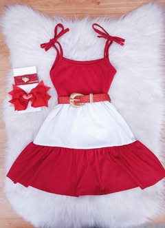 KIDS Vestido Três Marias Canelado Para Meninas Vermelho Tricolor Fim de Ano Promoção Para o Natal - 2 ao 08 Anos