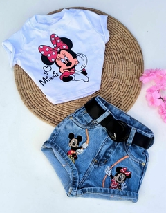 KIDS Conjunto Minnie Cropped Branco com Shorts Jeans Para Meninas + Brinde 2 ao 10 Anos