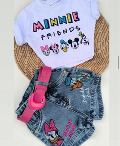 KIDS Conjunto Minnie Cropped Branco com Shorts Jeans Para Meninas + Brinde 2 ao 10 Anos na internet