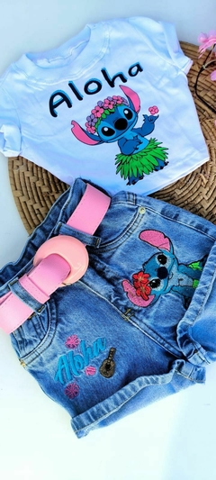 KIDS Conjunto Stich Personagem Shorts Jeans Cropped e Cinto Para Meninos Modelo Novo 2 ao 10 Anos na internet