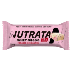 Barrinha de proteína Whey Grego da Nutrata, sabor morango com chantilly, embalagem de 40g com 11g de proteína.