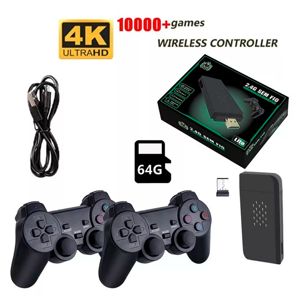 Vídeo Game Stick 4K 10 mil jogos 2 Controles Sem Fio