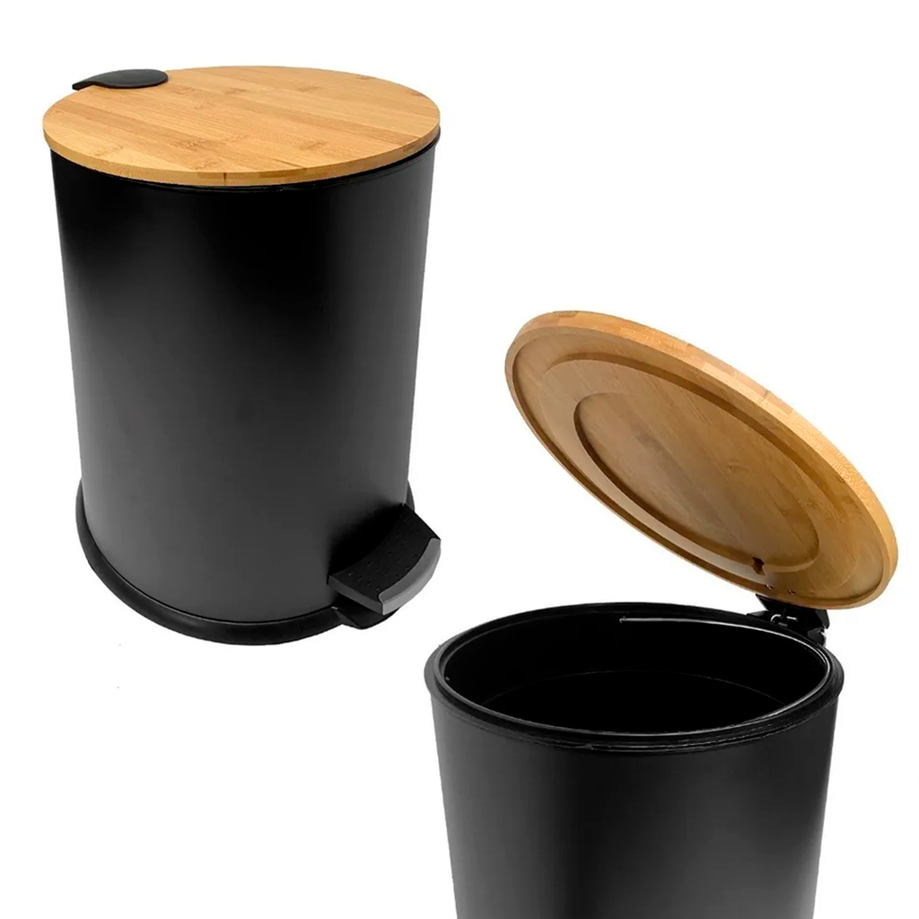 Cesto De Residuos Con Tapa De Madera Bambu Negro Cierre Suave Extrai