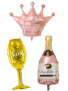 Globos rosa gold set botella copa y corona 35 cm
