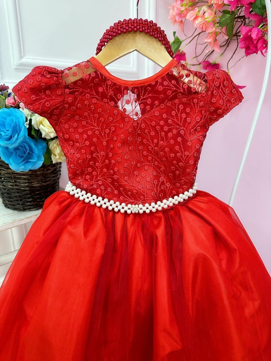 Vestido Infantil Damas Honra Casamento Vermelho Renda Pérola