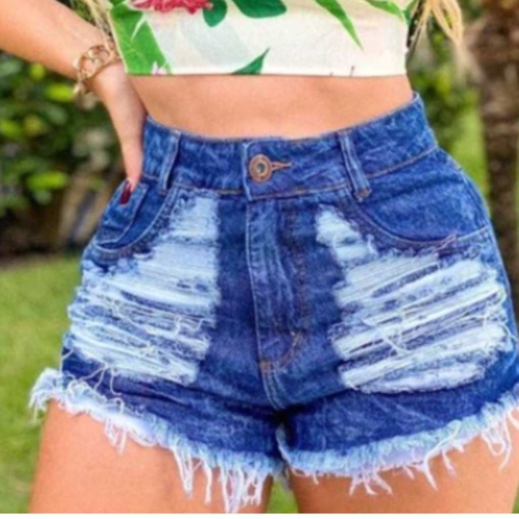 Shorts Jeans Feminino Cintura Alta Cos Alto Desfiado Destroyed