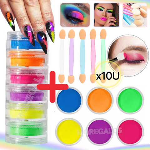 Combo Decoración Polvo Fluorescente Aplicadores Uñas Make Up