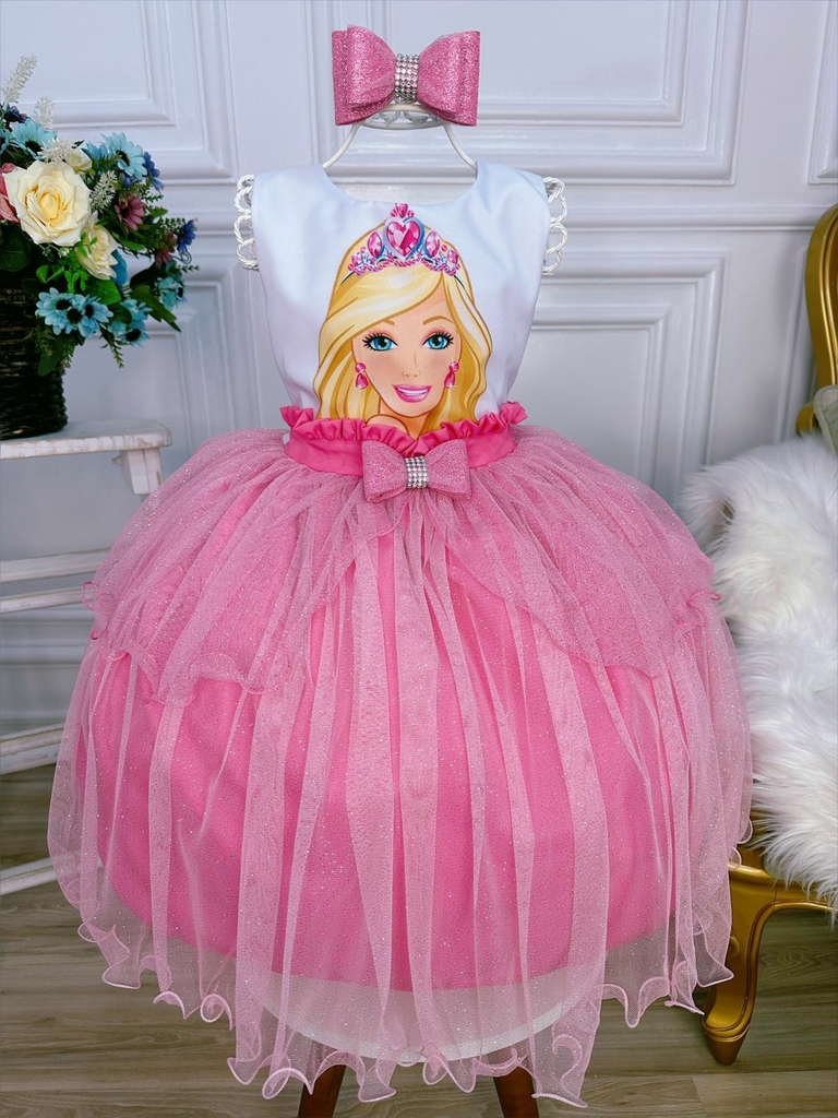 Vestido Infantil Princesa Barbie Com Laço e Glitter