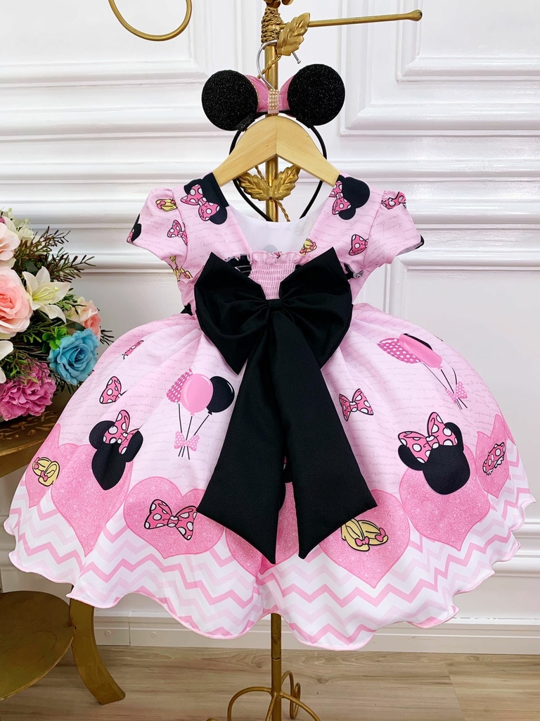 Vestido Infantil Minnie Rosa Com Broche de Laço Luxo