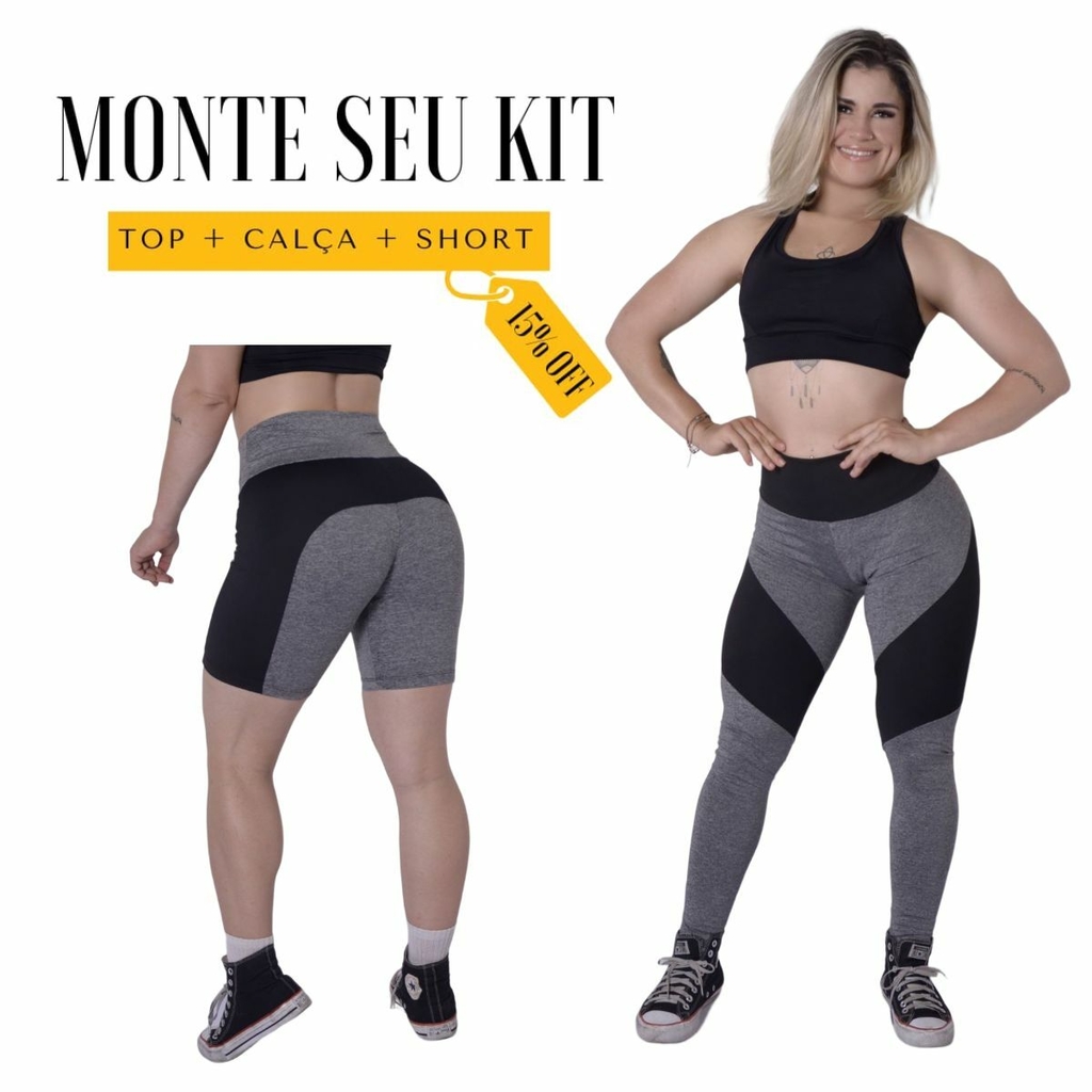 Conjunto Feminino Kit Top Short Calça Legging Suplex Fitness
