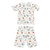 Conjunto de pijama com camiseta e bermudas brancos com estampas coloridas com detalhes de plantas e cogumelos