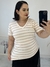 Blusa t-shirt gola V Branca com listras bege - loja online