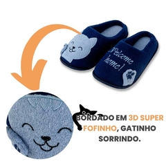 Pantufa Bordada Gatinho Welcome Home Azul - loja online