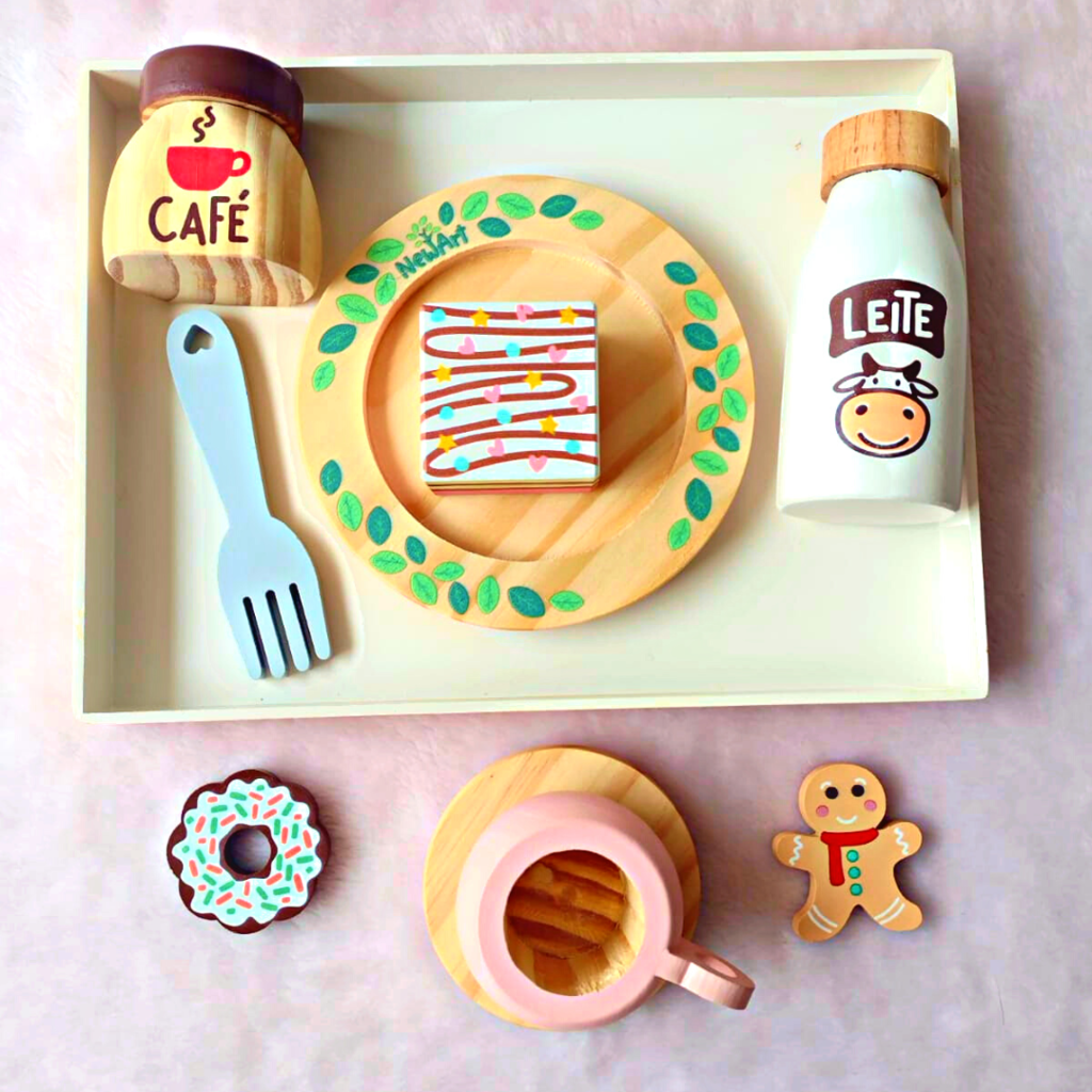 Kit de Comidinha de Brinquedo Infantil de Madeira Café 9 Pçs