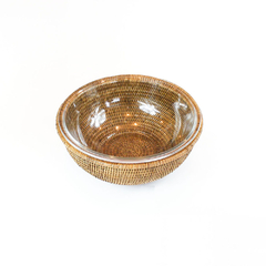 Bowl de vidro 22 cm com suporte em rattan MAYA