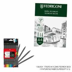 PROMO: 1 BLOCK 170GRS A4 X 20HS TECNICA SECA FEDRIGONI + PINTURITAS FABER SUPERSOFT X 12