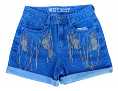 Bermuda Short Jeans Com Brilho Strass West Dust Lançamento