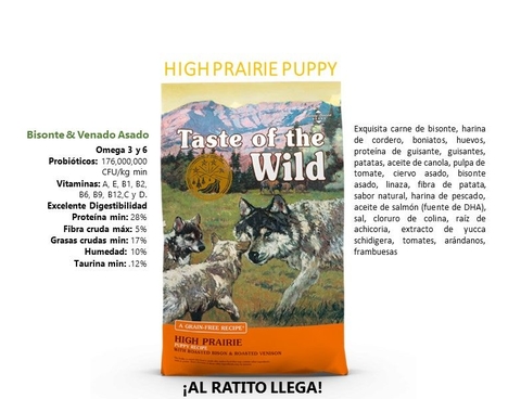  Taste of the Wild High Prairie - Alimento seco para perros sin  granos con bisonte asado y venado para cachorros, 28 libras : Productos  para Animales