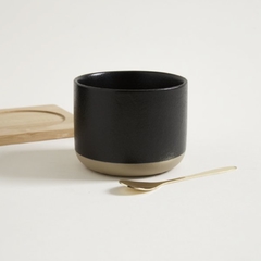 SET X3 COPETINEROS DE PORCELANA NEGRA BASE BAMBOO Y CUCHARAS DORADAS - comprar online