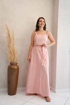 Conjunto em linho Cropped + Saia alfaiataria - rosa bebê - comprar online