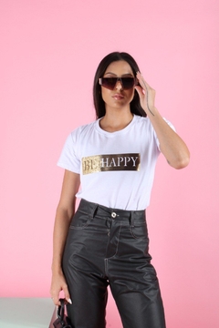 T-Shirt Be Happy (com aplicação de brilho dourado) - comprar online