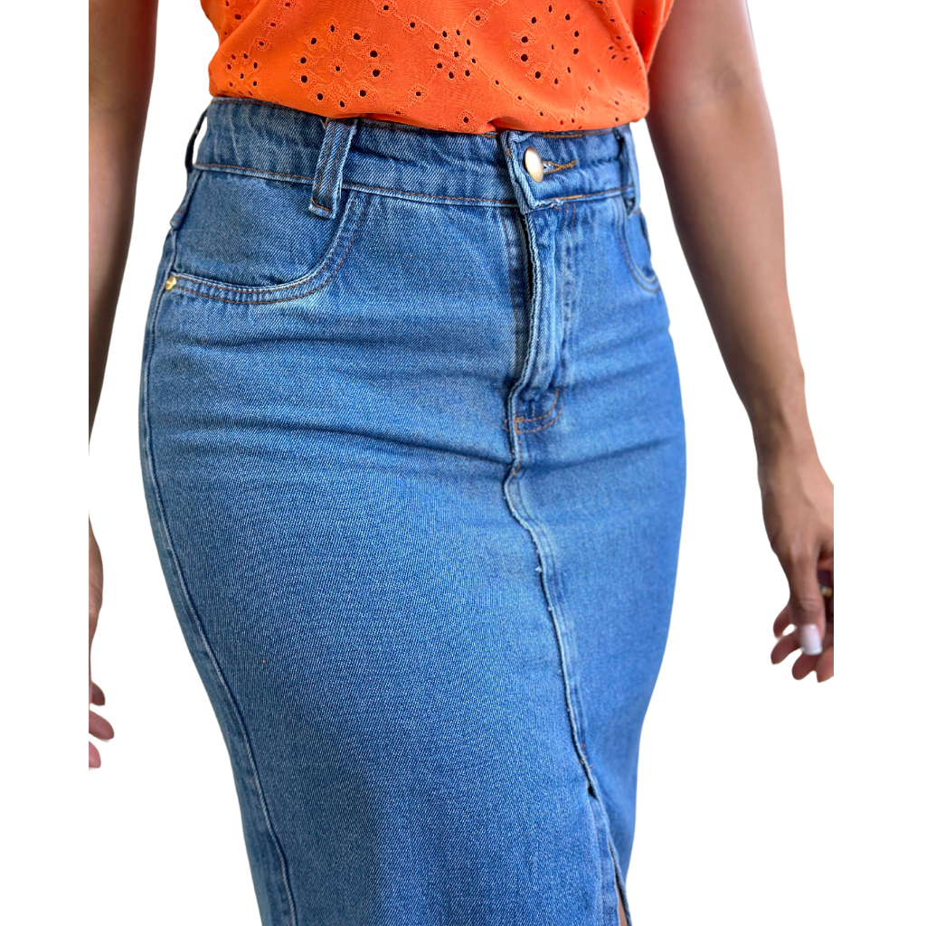 Saia jeans botao frontal 2025