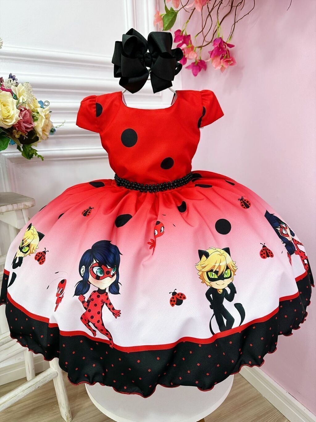 Vestido Infantil Vermelho Ladybug e o Gato Noir Luxo 1114VM