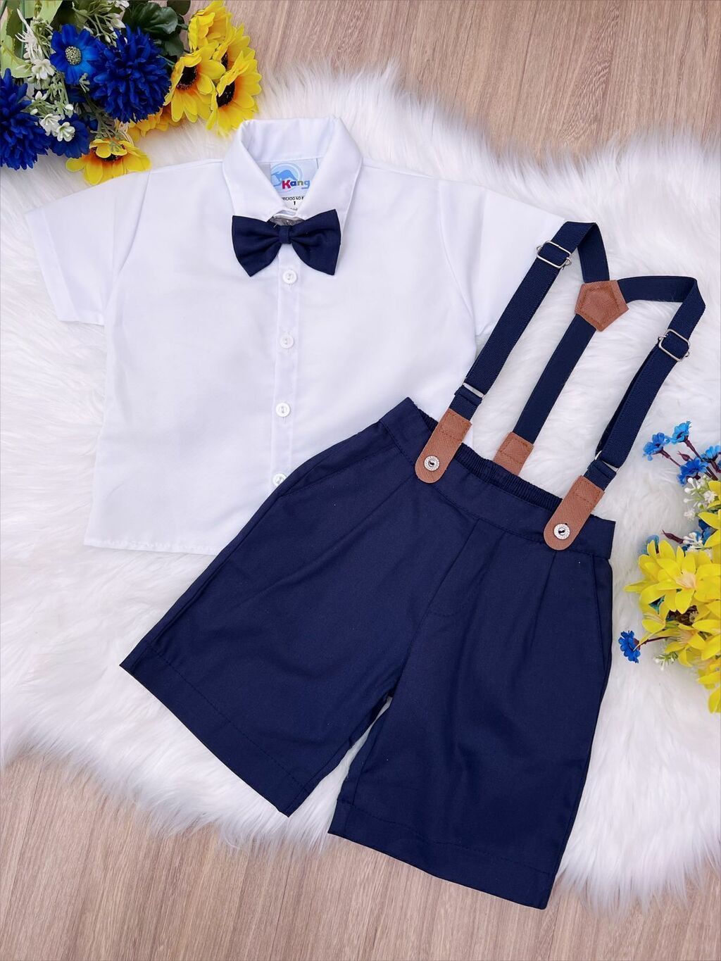 Conjunto Social Camisa Branca Gravata Short Suspensório Azul (3348AA)