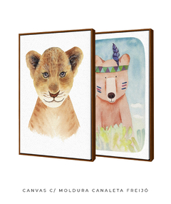 Conjunto de Dois Quadros Decorativos em Aquarela, Leão Bebê e Urso Boho