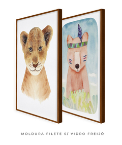 Conjunto de Dois Quadros Decorativos em Aquarela, Leão Bebê e Urso Boho