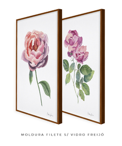 Conjunto de Dois Quadros Flores Rosas em Aquarela