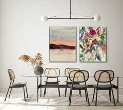 Conjunto de Dois Quadros Decorativos em Aquarela, Montanha Rosa + Flores Vermelhas e Laranjas na internet