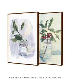 Quadro Decorativo Copo com Folhas + Galho e Frutas Vermelhas