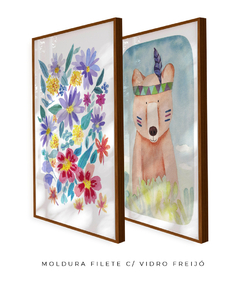 Conjunto de Dois Quadros Decorativos Flores e Urso Boho na internet