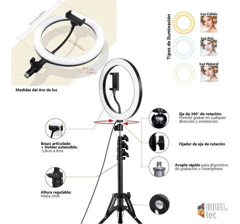 Aro de luz led 32 cm tiktok trípode 2.20 mts y soporte para celular  GENERICO