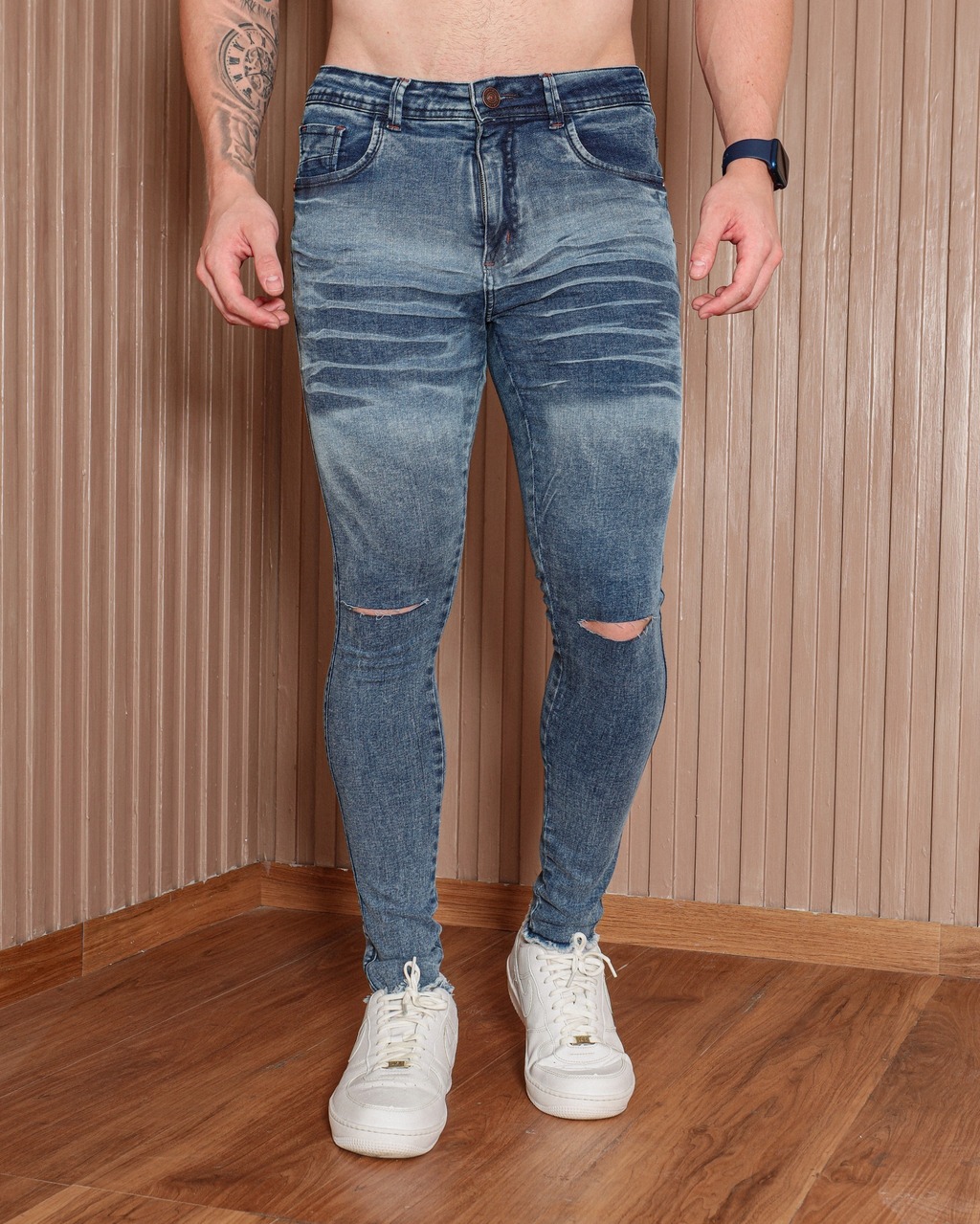 Calça Jeans Masculina Destroyed Rasgada Modelage Skinny - escura