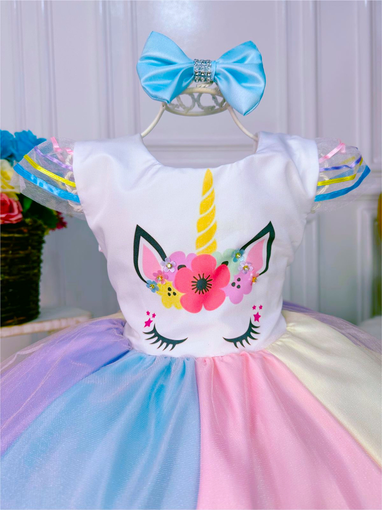 Vestido Infantil Unicórnio Colorido de Festa Aniversário 1 ao 4 anos