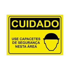 Placa de Sinalização Cuidado Use Capacetes Segurança Nesta