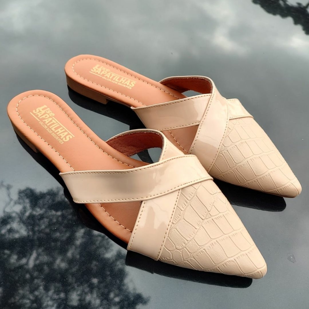 Mule feminino nude bico fino confortavel