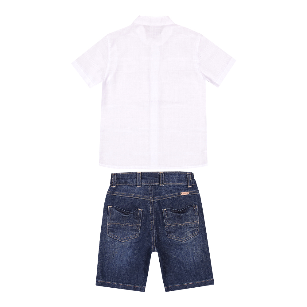 Conjunto Masculino de Camisa Gola Padre e Shorts Jeans com Bolso