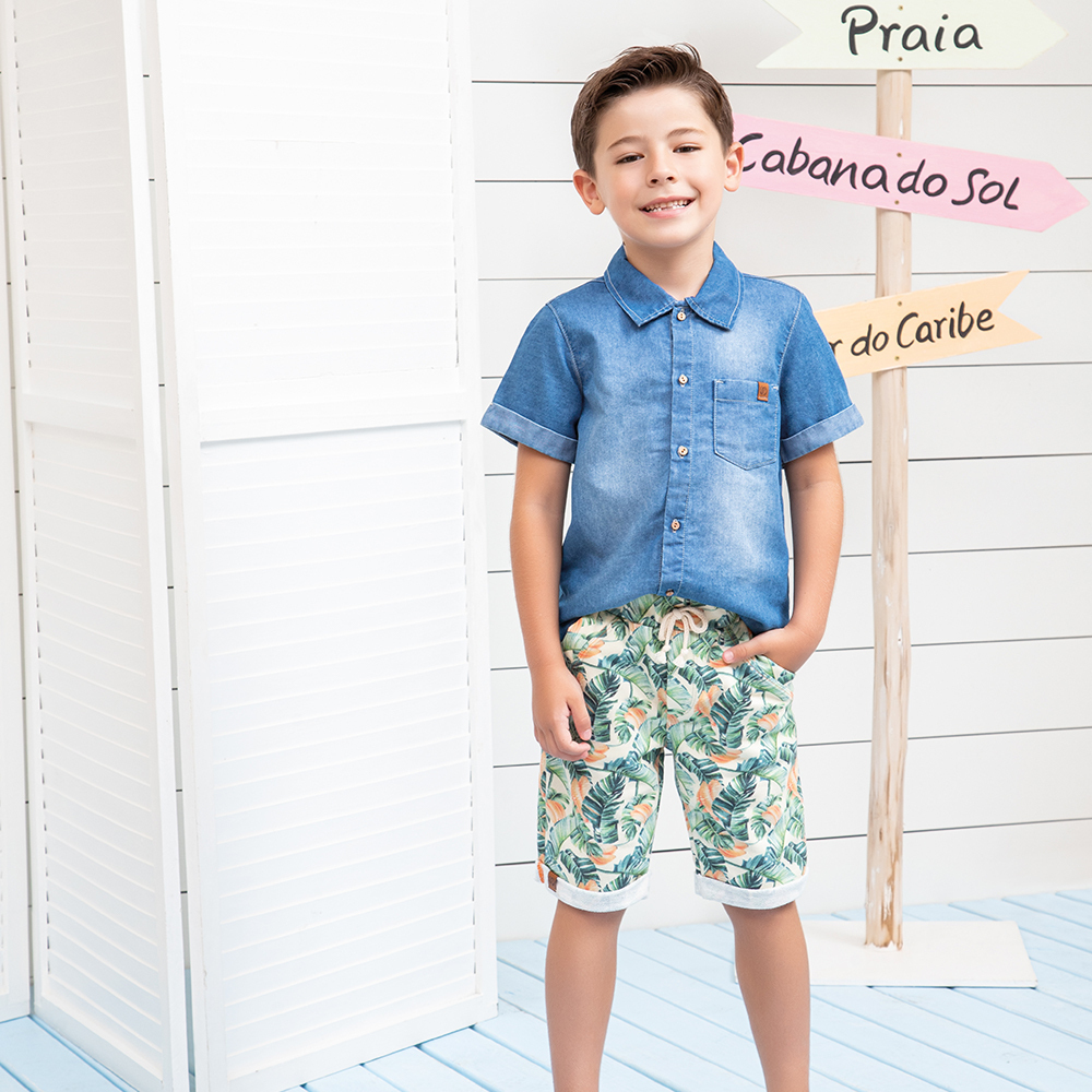 Conjunto Masculino Camisa Jeans E Shorts Estampado Verde Paraiso 14113