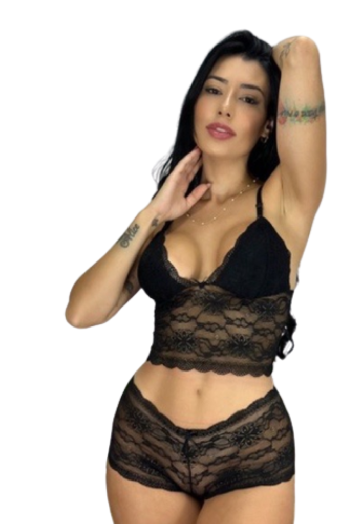 Conjunto Cropped e Calcinha Lingerie De Renda Sem Bojo Barato Pega